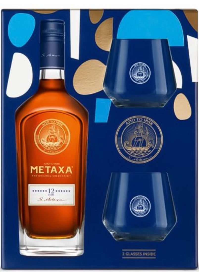 ) Licence Gift 12 Tumblers Metaxa 40% Star Bodyfuel Set – Brandy 2 + Off Greek ( 70cl