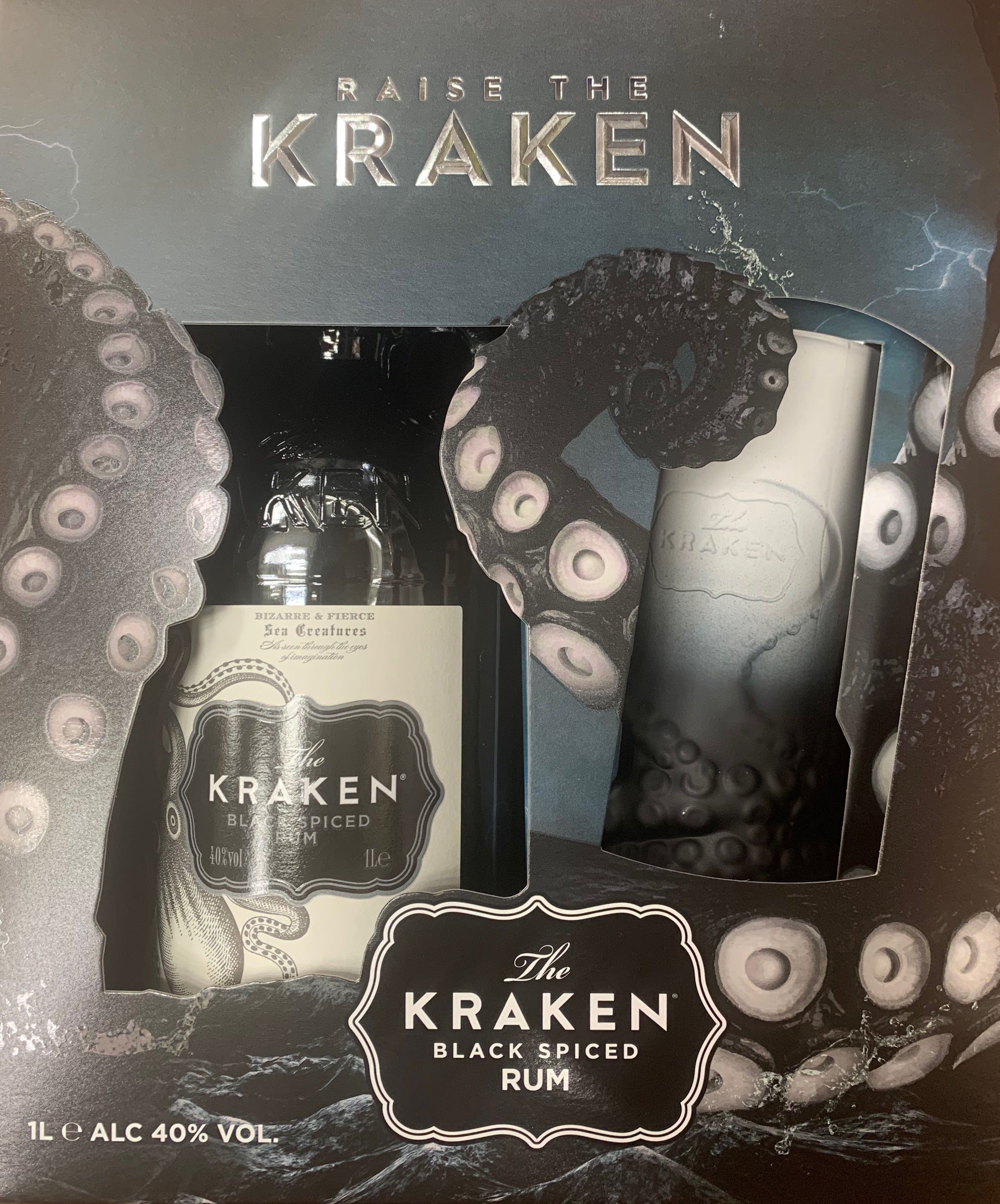 The Kraken Perfect Storm Black Spiced Rum Gift Set 1lt with Branded Bodyfuel Off Licence
